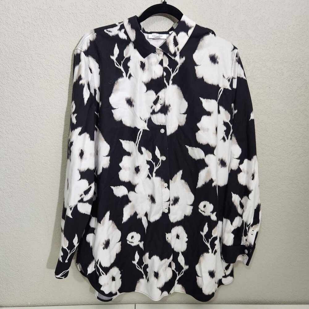 Chicos Shirt Size 18 Womens Floral Button Black & White